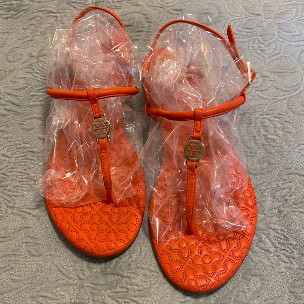 Tory Burch orange leather sandals, gently used, clean, size 7.
